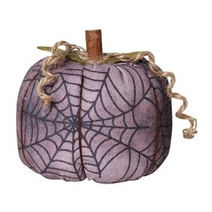 Primitive Halloween PUMPKIN - Purple SPIDER WEB Fabric - Real Wood Stem 4x5"